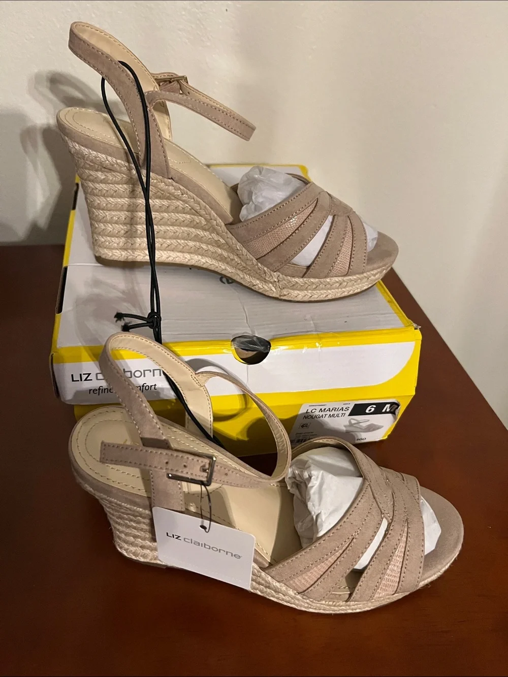 Liz Claiborne Taupe Braided Espadrille Wedge Sandals